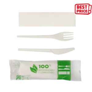 Bis posate monouso con tovagliolo 2 veli, Forchetta e coltello in CPLA, Biodegradabile e Compostabile, Avorio (confezione 500 pezzi) Bis posate monouso con tovagliolo 2 veli, Forchetta e coltello in CPLA, Biodegradabile e Compostabile, Avorio (confezione 500 pezzi)