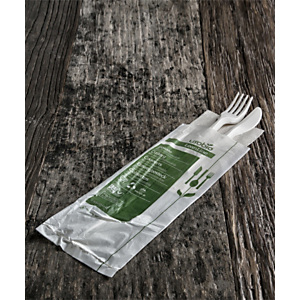 Bis posate monouso in Mater-bi Bio & Compostabile con tovagliolo monovelo, Bianco (confezione 400 pezzi) Bis posate monouso in Mater-bi Bio & Compostabile con tovagliolo monovelo, Bianco (confezione 400 pezzi)