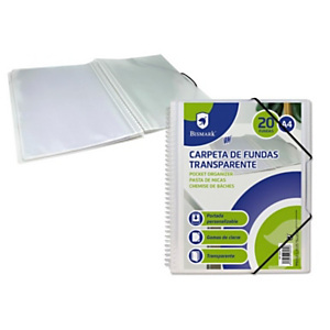 BISMARK Carpeta de fundas de espiral A4, 20 fundas cristal, con goma de cierre, color trasparente BISMARK Carpeta de fundas de espiral A4, 20 fundas cristal, con goma de cierre, color trasparente