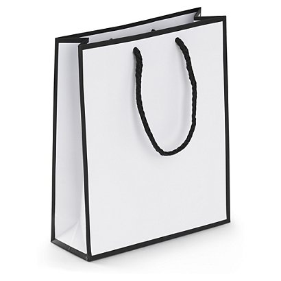 Black edge white laminated paper gift bags, 180x220x65mm, pack of 12 - 1