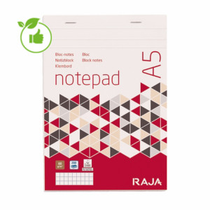Bloc-notes 100 feuilles agrafées Raja, format A5 (14,8x21cm), 60 g/m², petits carreaux 5x5