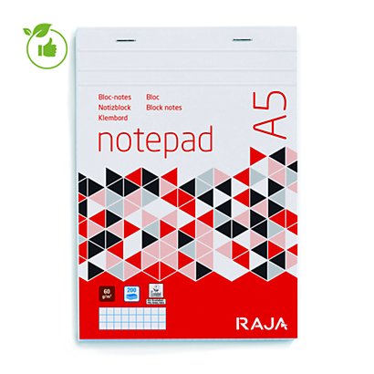 Bloc-notes 100 feuilles agrafées Raja, format A5 (14,8x21cm), 60 g/m², petits carreaux 5x5