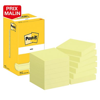 Blocs Post-it® 76 x 76 mm classique coloris jaune, lot de 12 - 1