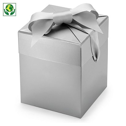 Boîte cadeau grise avec ruban satin gris perle 14 x 14 x 16,3 cm - 1