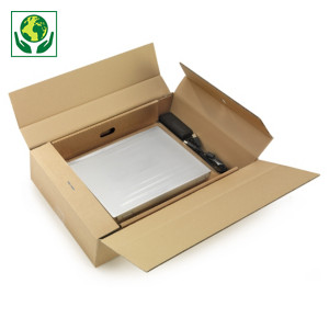 Boîte avec calage film pour ordinateur portable et espace de rangement