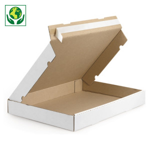 Boîte postale blanche extra-plates avec bande adhésive RAJA, simple cannelure, hauteur 25 -50 mm