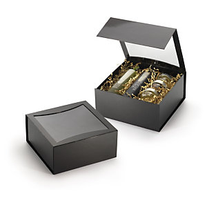 Boîte cadeau pelliculée brillant noire vitrine avec fermeture aimantée 22,5x22,5x10,5 cm