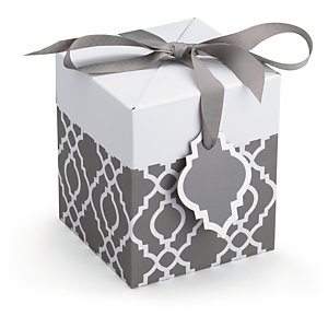 Boîte cadeau avec ruban gros grain blanc / gris 12,5x12,5x15 cm