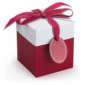 Boîte cadeau avec ruban gros grain blanc / rouge 12,5x12,5x15 cm