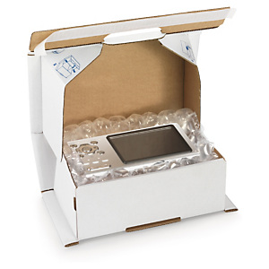 Boîte carton blanche antichoc avec fermeture adhésive sécurisée
