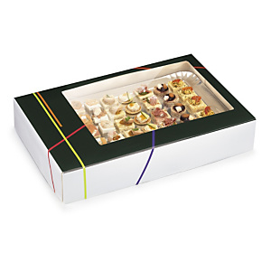 Boîte traiteur avec fenêtre et couvercle intégré Prestige 42x28x6 mm