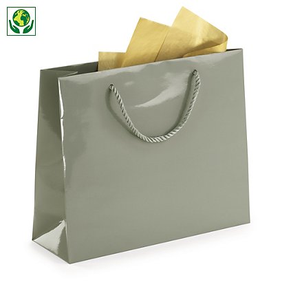 Bolsa de papel charol gris con asas de cordón 40x32x12cm - 1