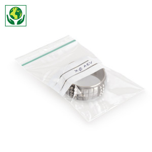 Bolsa de plástico cierre zip y franjas blancas 100 micras/Galga 400, 50% reciclada RAJA®