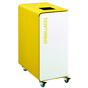 Borne de tri sélectif 90l support-sac avec roulettes sans serrure - cubatri - blanc+jaune colza - emballages - ouverture 170x170mm Borne de tri sélectif 90l support-sac avec roulettes sans serrure - cubatri - blanc+jaune colza - emballages - ouverture 170x170mm