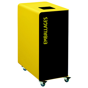 Borne de tri sélectif 90l support-sac avec roulettes sans serrure - cubatri - gris+jaune colza - emballages - ouverture 170x170mm Borne de tri sélectif 90l support-sac avec roulettes sans serrure - cubatri - gris+jaune colza - emballages - ouverture 170x170mm