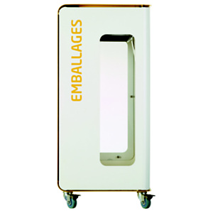 Borne de tri sélectif 90l support-sac vigi avec roulettes sans serrure - cubatri - blanc+jaune colza - emballages - ouverture 170x170mm Borne de tri sélectif 90l support-sac vigi avec roulettes sans serrure - cubatri - blanc+jaune colza - emballages - ouverture 170x170mm