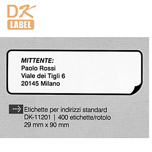 Brother Etichette pretagliate "DK" - Indirizzi standard - Dimensioni etichetta 29 x 90 mm - Etichette per rotolo 400 x 1 Brother Etichette pretagliate "DK" - Indirizzi standard - Dimensioni etichetta 29 x 90 mm - Etichette per rotolo 400 x 1