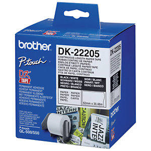 Brother Ruban continu  DK22205 pour imprimante QL - support papier adhésif 62mmx30m - Noir sur blanc