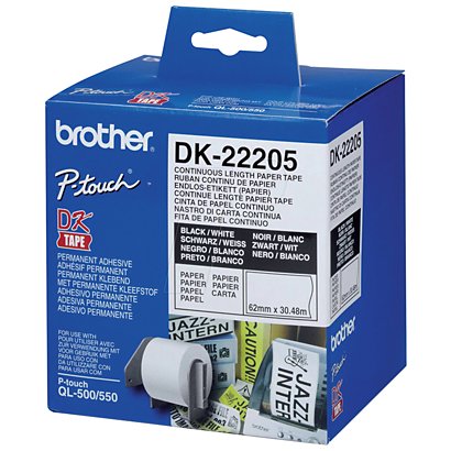 Brother Ruban continu  DK22205 pour imprimante QL - support papier adhésif 62mmx30m - Noir sur blanc - 1