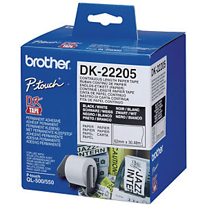 Brother Ruban continu  DK22205 pour imprimante QL - support papier adhésif 62mmx30m - Noir sur blanc