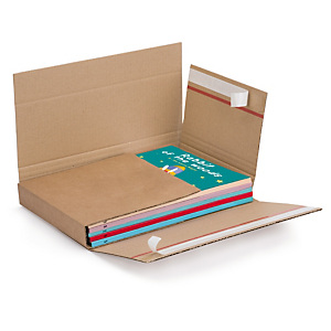 Brown book boxes with adhesive strips and red tear strip Brown book boxes with adhesive strips and red tear strip
