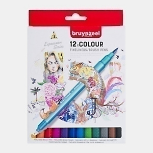 BRUYNZEEL Rotulador con 2 puntas, doble punta, punta de pincel y punta plástica de 0,4 mm, caja de 12, 12 colores surtidos BRUYNZEEL Rotulador con 2 puntas, doble punta, punta de pincel y punta plástica de 0,4 mm, caja de 12, 12 colores surtidos