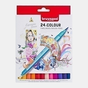 BRUYNZEEL Rotulador con 2 puntas, doble punta, punta de pincel y punta plástica de 0,4 mm, caja de 24, 24 colores surtidos