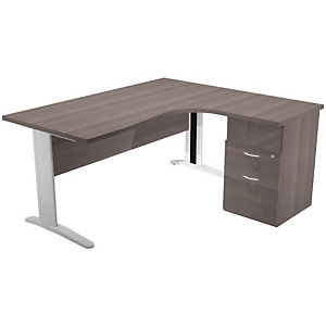 Bureau d'angle compact retour à droite Pronto Prestige - L.160 x P.100 cm - Plateau Cendre - Pieds Blanc + Caisson hauteur bureau P.60 cm Bureau d'angle compact retour à droite Pronto Prestige - L.160 x P.100 cm - Plateau Cendre - Pieds Blanc + Caisson hauteur bureau P.60 cm