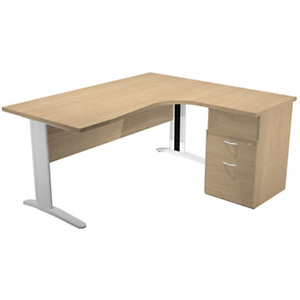 Bureau d'angle compact retour à droite Pronto Prestige - L.160 x P.100 cm - Plateau Chêne - Pieds Blanc + Caisson hauteur bureau P.60 cm Bureau d'angle compact retour à droite Pronto Prestige - L.160 x P.100 cm - Plateau Chêne - Pieds Blanc + Caisson hauteur bureau P.60 cm