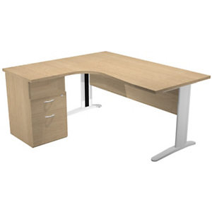 Bureau d'angle compact retour à gauche Pronto Prestige - L.160 x P.100 cm - Plateau Chêne - Pieds Blanc + Caisson hauteur bureau P.60 cm Bureau d'angle compact retour à gauche Pronto Prestige - L.160 x P.100 cm - Plateau Chêne - Pieds Blanc + Caisson hauteur bureau P.60 cm