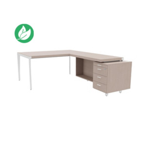 Bureau d'angle direction Arold 172 x 234 avec retour caisson porteur à droite Placage bois orme gris - Piètement métal blanc