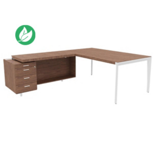 Bureau d'angle direction Arold 172 x 234 avec retour caisson porteur à gauche Placage bois noyer - Piètement métal blanc