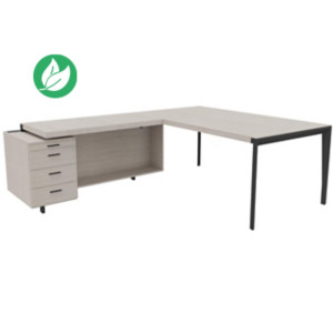 Bureau d'angle direction Arold 172 x 234 avec retour caisson porteur à gauche Placage bois orme gris - Piètement métal gris