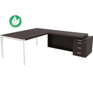 Bureau d'angle direction Arold 192 x 234 avec retour caisson porteur à droite Placage bois ébène - Piètement métal blanc Bureau d'angle direction Arold 192 x 234 avec retour caisson porteur à droite Placage bois ébène - Piètement métal blanc