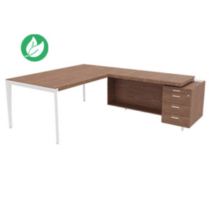 Bureau d'angle direction Arold 192 x 234 avec retour caisson porteur à droite Placage bois noyer - Piètement métal blanc