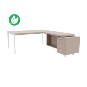 Bureau d'angle direction Arold 192 x 234 avec retour caisson porteur à droite Placage bois orme gris - Piètement métal blanc