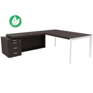 Bureau d'angle direction Arold 192 x 234 avec retour caisson porteur à gauche Placage bois ébène - Piètement métal blanc