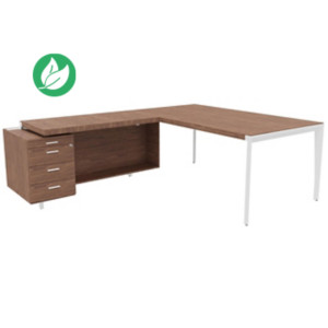 Bureau d'angle direction Arold 192 x 234 avec retour caisson porteur à gauche Placage bois noyer - Piètement métal blanc