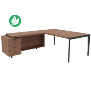 Bureau d'angle direction Arold 192 x 234 avec retour caisson porteur à gauche Placage bois noyer - Piètement métal gris