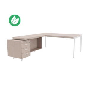 Bureau d'angle direction Arold 192 x 234 avec retour caisson porteur à gauche Placage bois orme gris - Piètement métal blanc