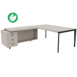 Bureau d'angle direction Arold 192 x 234 avec retour caisson porteur à gauche Placage bois orme gris - Piètement métal gris