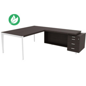 Bureau d'angle direction Arold 212 x 234 avec retour caisson porteur à droite Placage bois ébène - Piètement métal blanc Bureau d'angle direction Arold 212 x 234 avec retour caisson porteur à droite Placage bois ébène - Piètement métal blanc