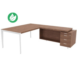 Bureau d'angle direction Arold 212 x 234 avec retour caisson porteur à droite Placage bois noyer - Piètement métal blanc