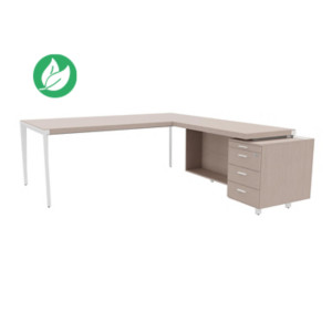 Bureau d'angle direction Arold 212 x 234 avec retour caisson porteur à droite Placage bois orme gris - Piètement métal blanc