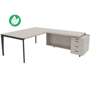 Bureau d'angle direction Arold 212 x 234 avec retour caisson porteur à droite Placage bois orme gris - Piètement métal gris