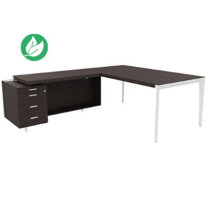 Bureau d'angle direction Arold 212 x 234 avec retour caisson porteur à gauche Placage bois ébène - Piètement métal blanc