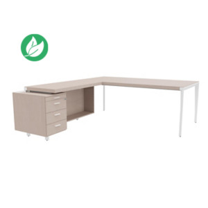 Bureau d'angle direction Arold 212 x 234 avec retour caisson porteur à gauche Placage bois orme gris - Piètement métal blanc