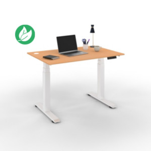Bureau assis-debout Activ'o - Réglage électrique en hauteur - L.120 x P.80 cm - Plateau Hêtre avec obturateurs - Pieds métal Blanc Bureau assis-debout Activ'o - Réglage électrique en hauteur - L.120 x P.80 cm - Plateau Hêtre avec obturateurs - Pieds métal Blanc
