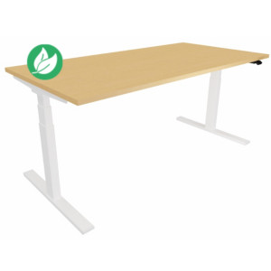 Bureau assis-debout Eminence - Réglage électrique en hauteur - L.120 x P.80 cm - Plateau Hêtre - Pieds Blanc