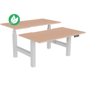 Bureau assis-debout partagé Activ'o - Réglage électrique en hauteur - L.140 x P.80 cm - Plateau Hêtre avec échancrure - Pieds Blanc Bureau assis-debout partagé Activ'o - Réglage électrique en hauteur - L.140 x P.80 cm - Plateau Hêtre avec échancrure - Pieds Blanc